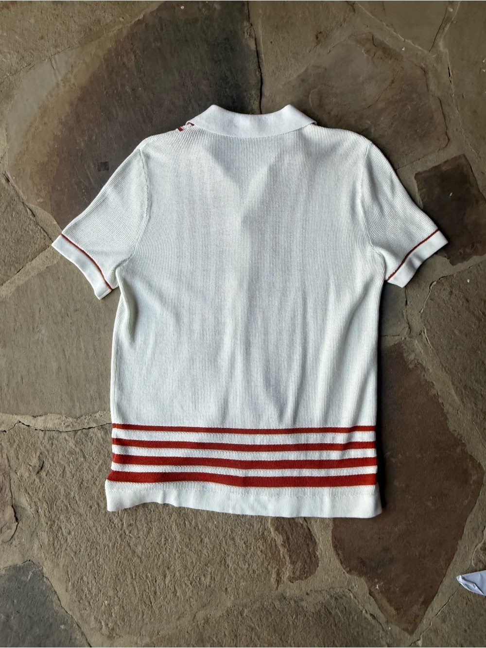 Express Cream Short Sleeve Button-Front Knit with Rust-Orange Stripes - Picture 6 of 8